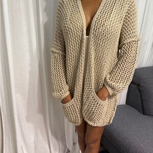 Beige Knit Open-Front Cardigan